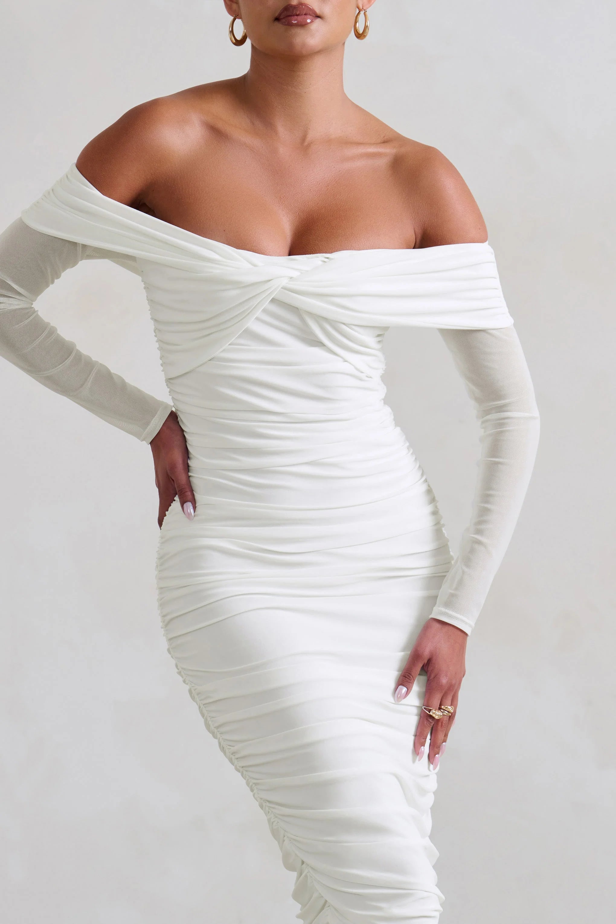 Neva | White Bardot Twist Midi Dress
