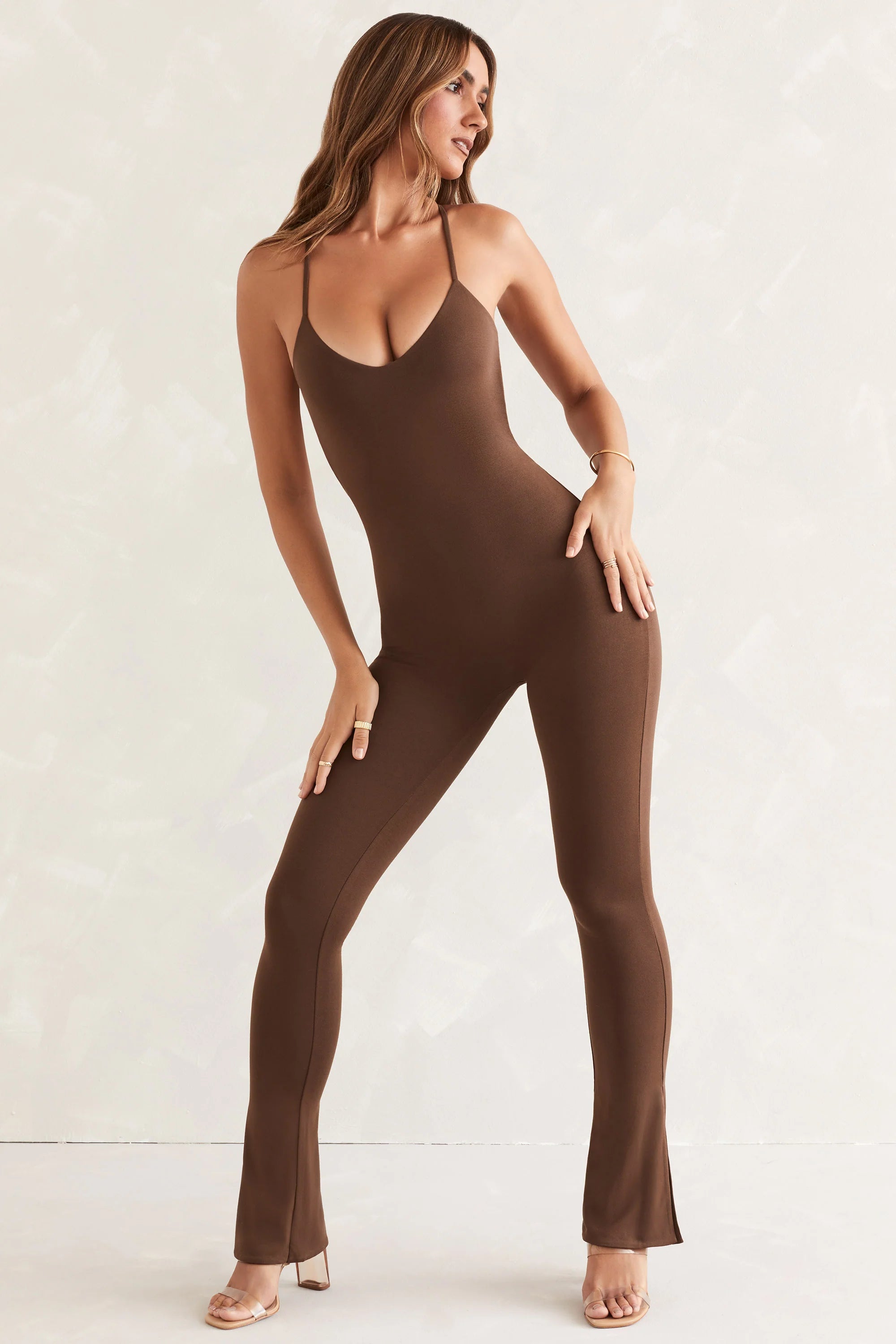 Tall Scoop Neck Backless Jumpsuit in Brown