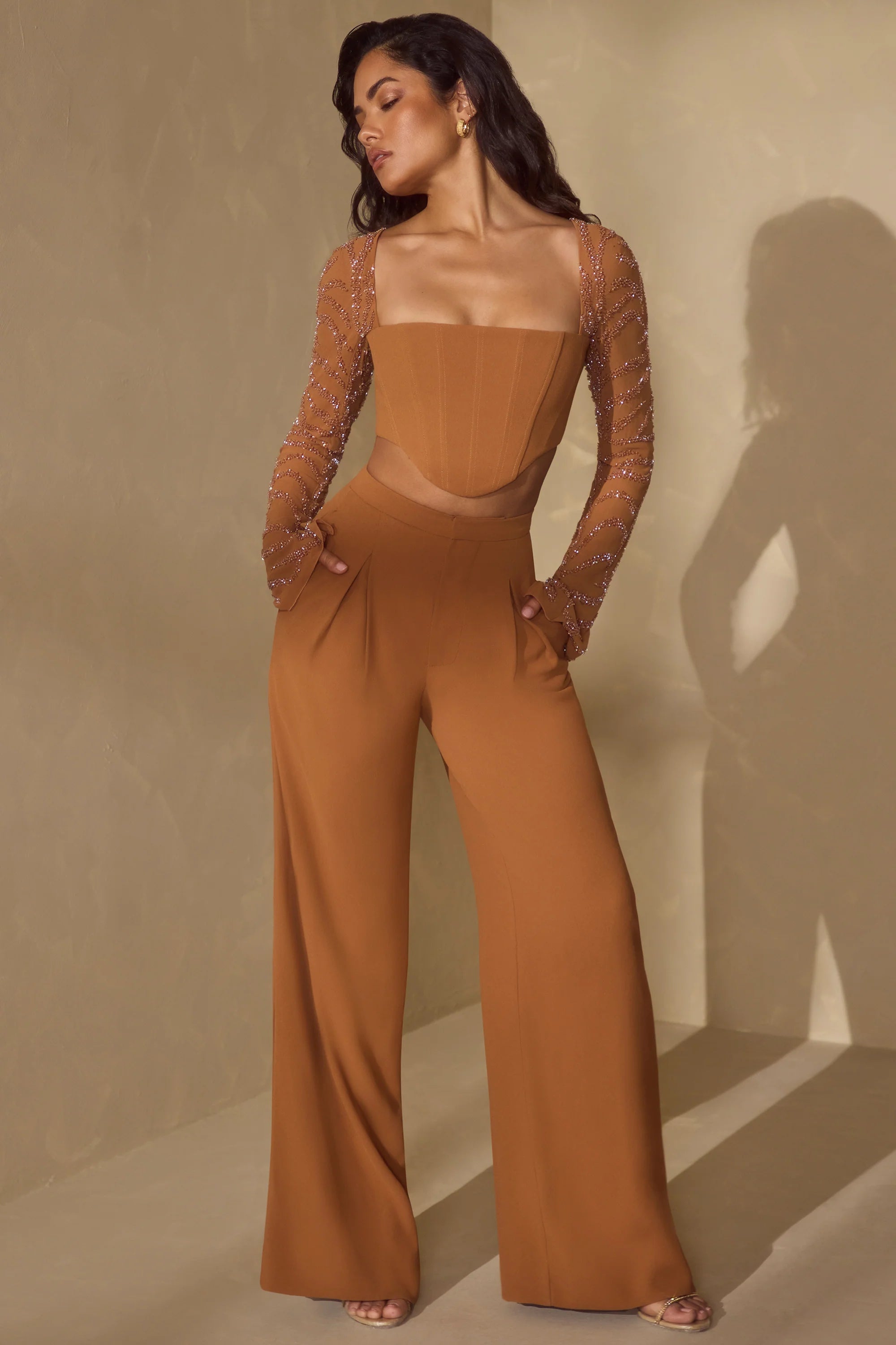 Tall High Waist Wide Leg Trouser in Caramel