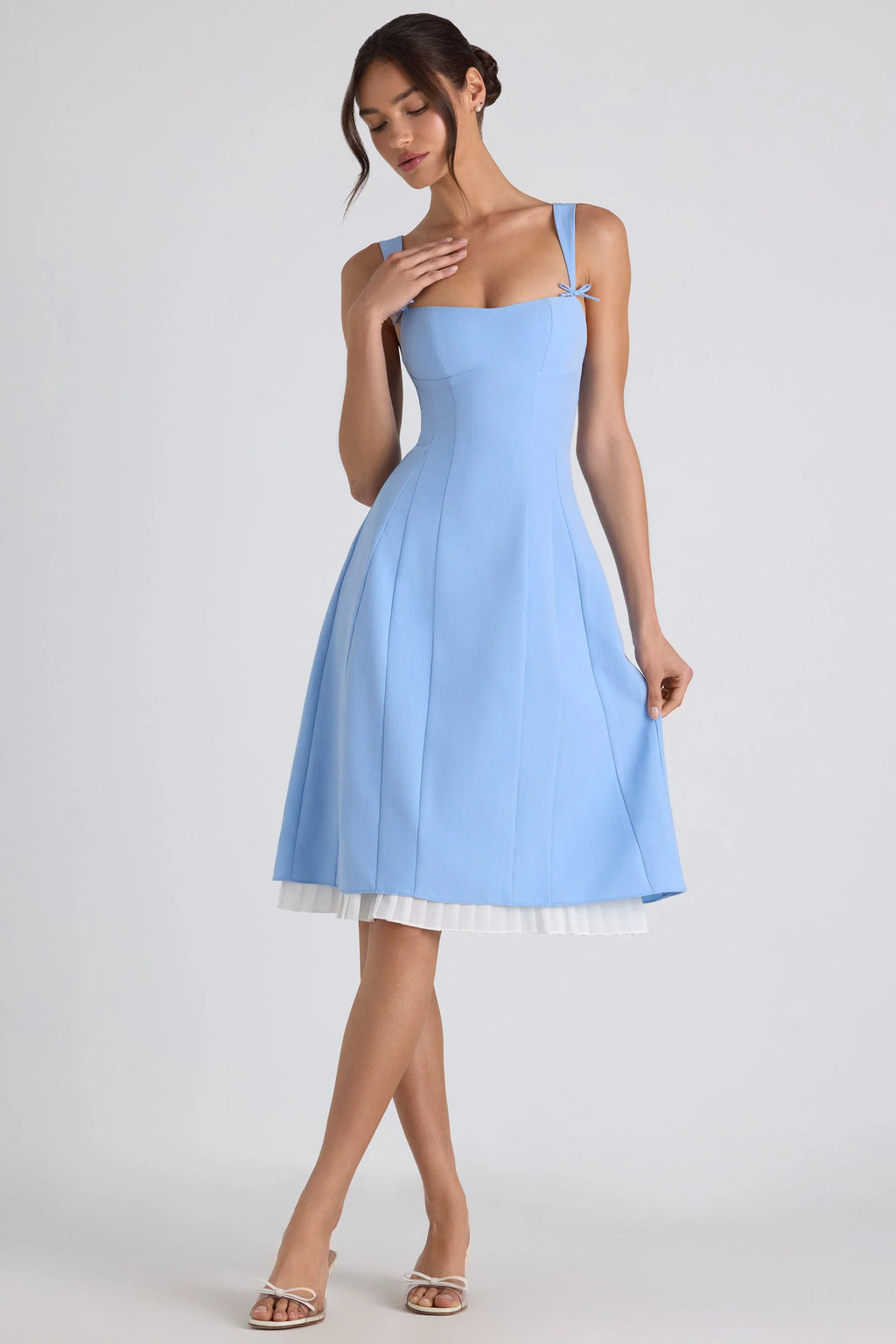 Bow-Embellished Pleated A-Line Midi Dress in Sky Blue