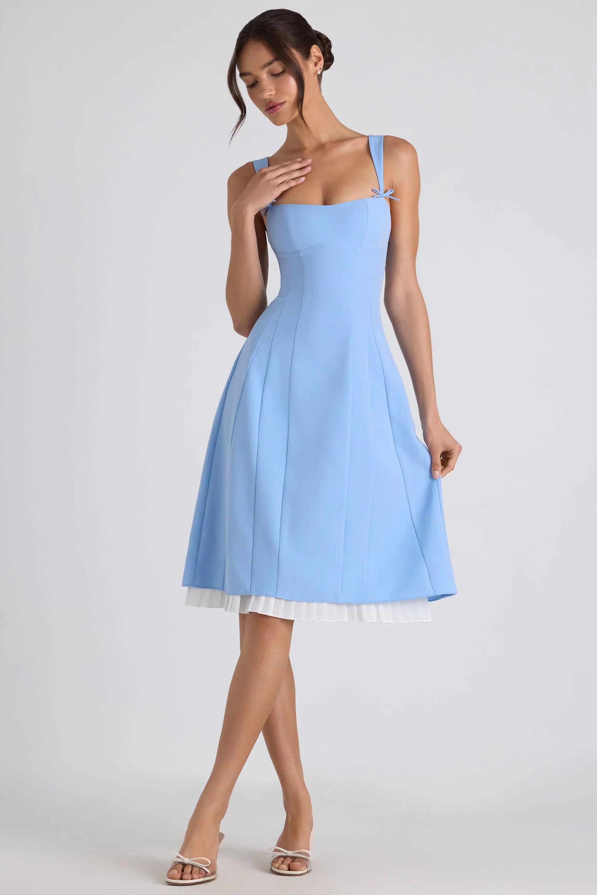 Bow-Embellished Pleated A-Line Midi Dress in Sky Blue