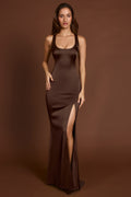 Scoop-Neck Lace-up Back Maxi Dress in Chocolate Brown